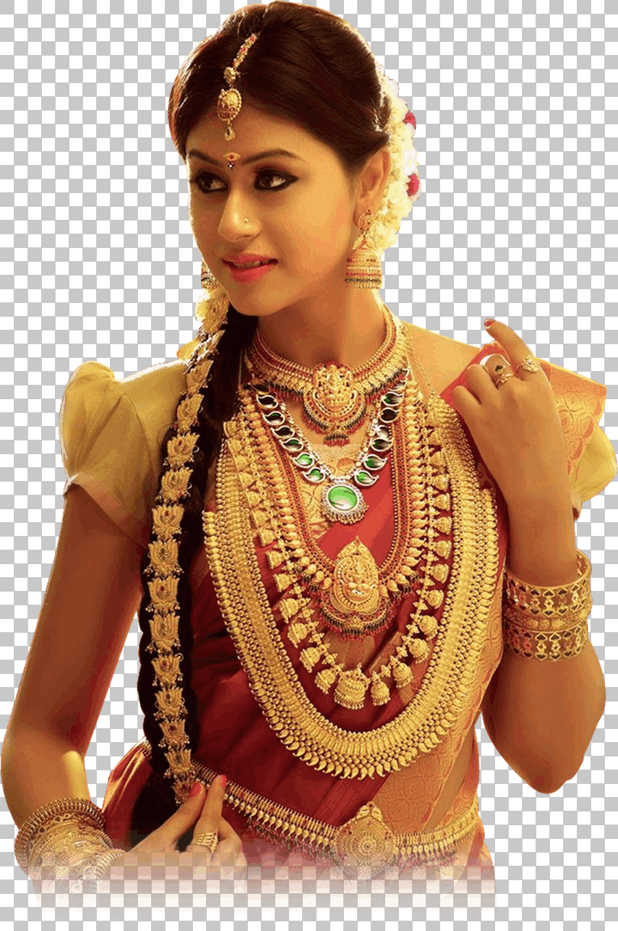 Woman in Brown and Red Cap-Sleeved Dress with Kerala Jewelry