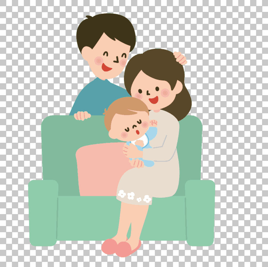 Woman Holding Baby with Man Beside Sofa